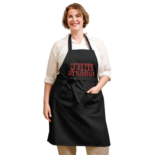 “I’AM STRONG!”Embroidered Organic Cotton Apron W/Red Font