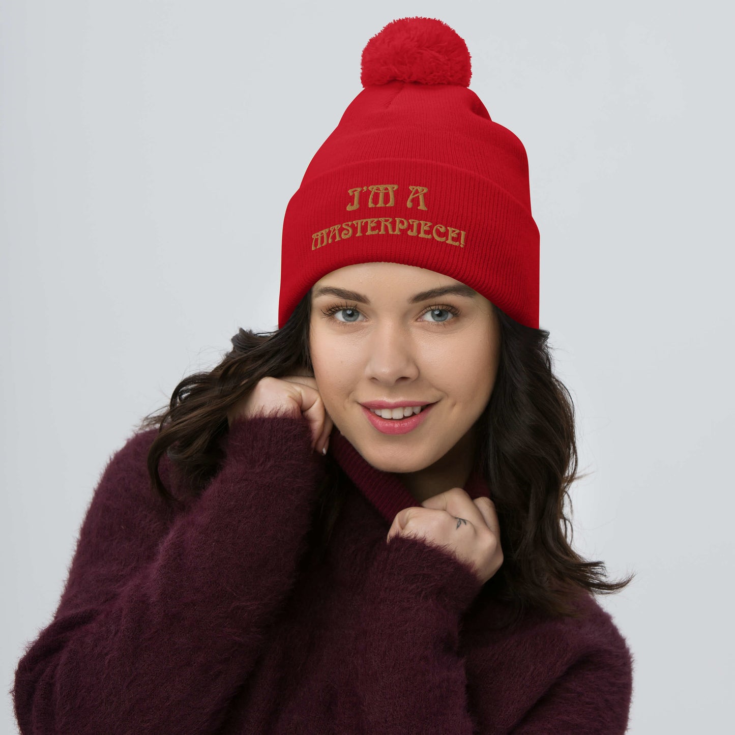 "I’M A MASTERPIECE!"Pom-Pom Beanie W/Bronze Font