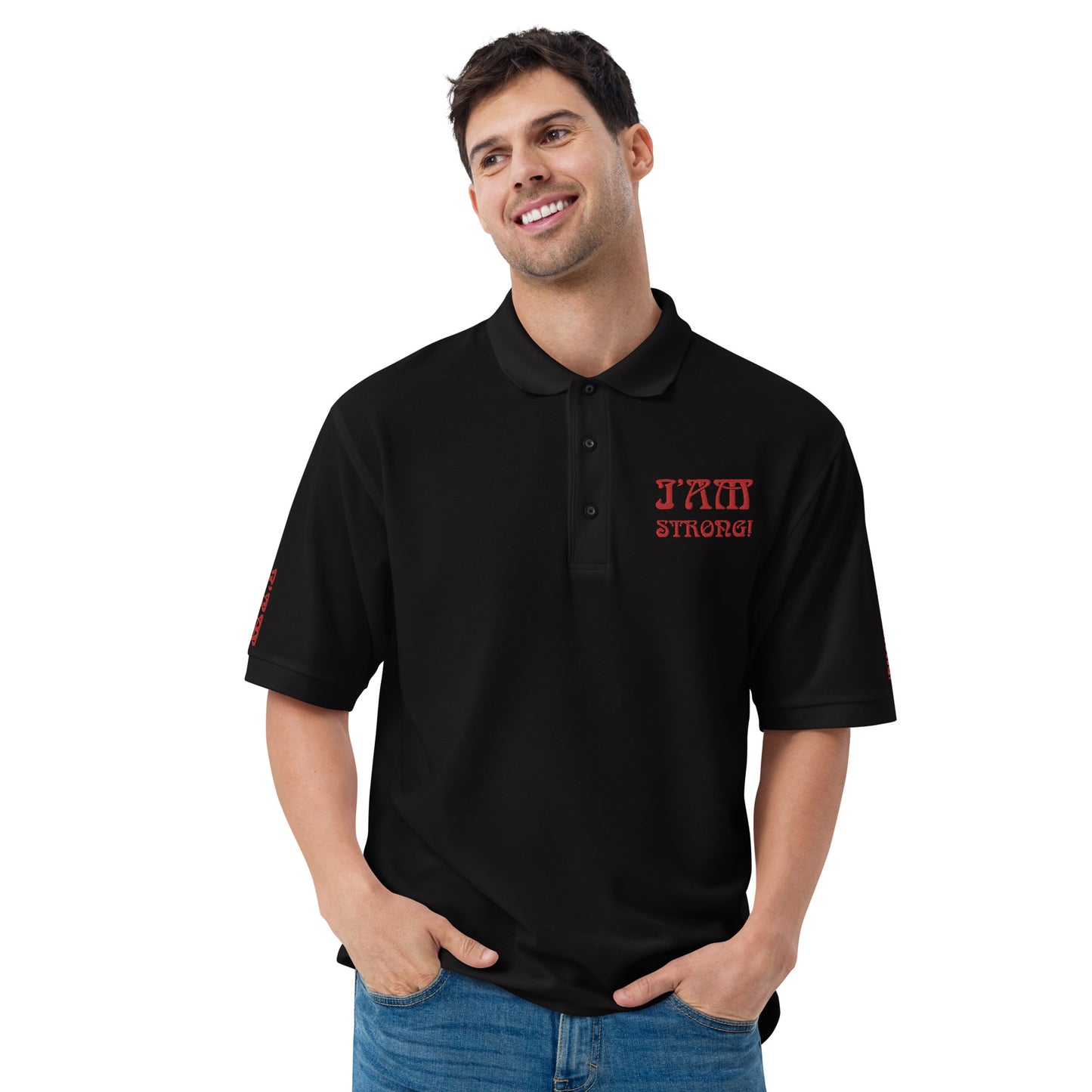 “I’AM STRONG!” Men's Premium Polo Shirt W/Red Font