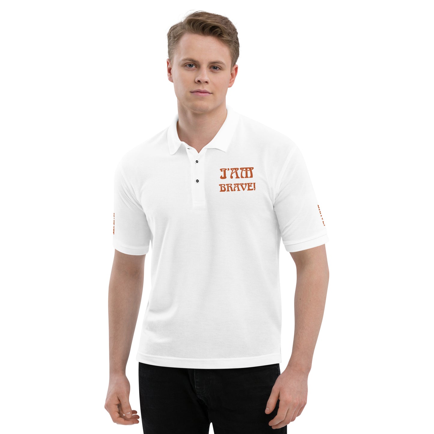 “I’AM BRAVE!” Men's Premium Polo Shirt W/Orange Font