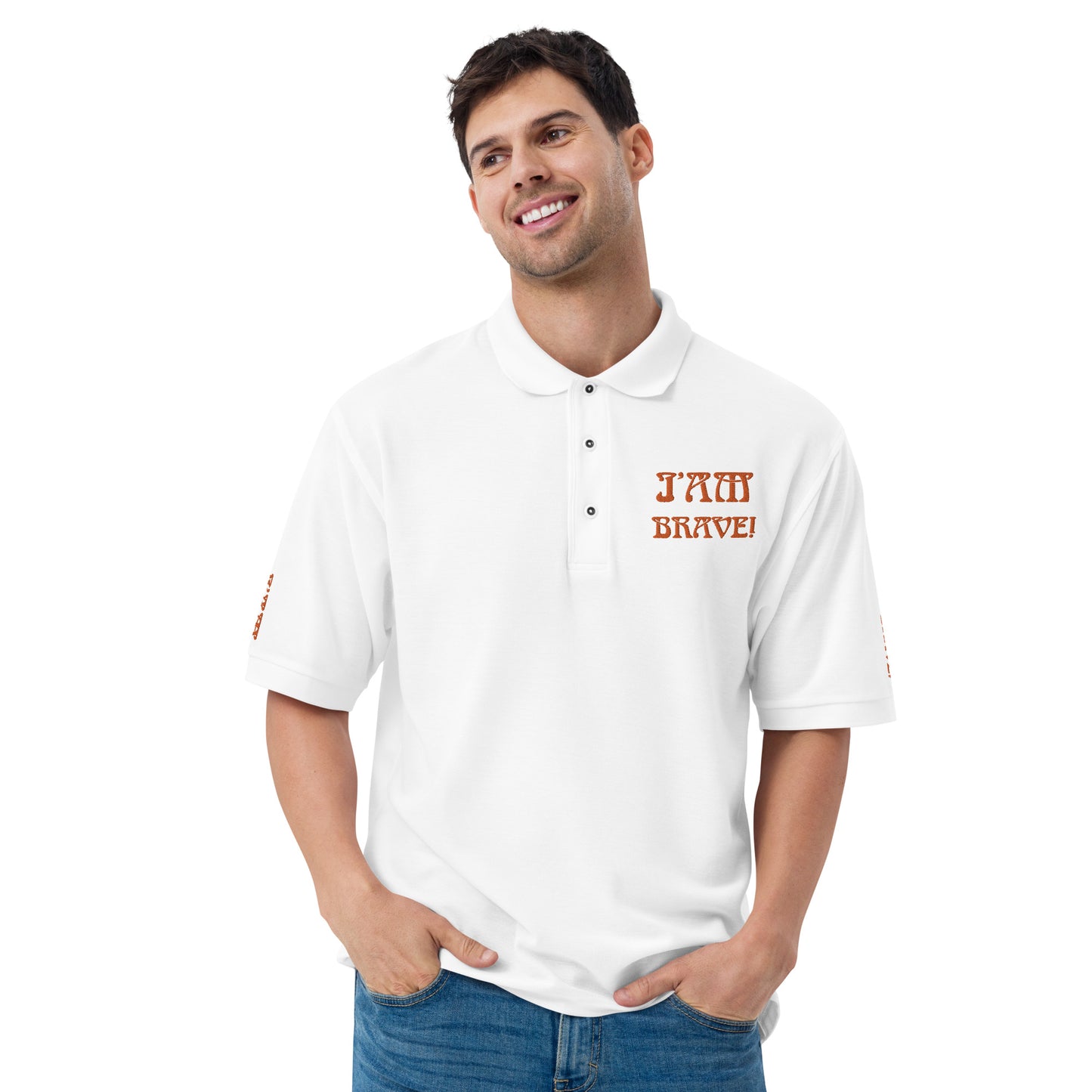 “I’AM BRAVE!” Men's Premium Polo Shirt W/Orange Font