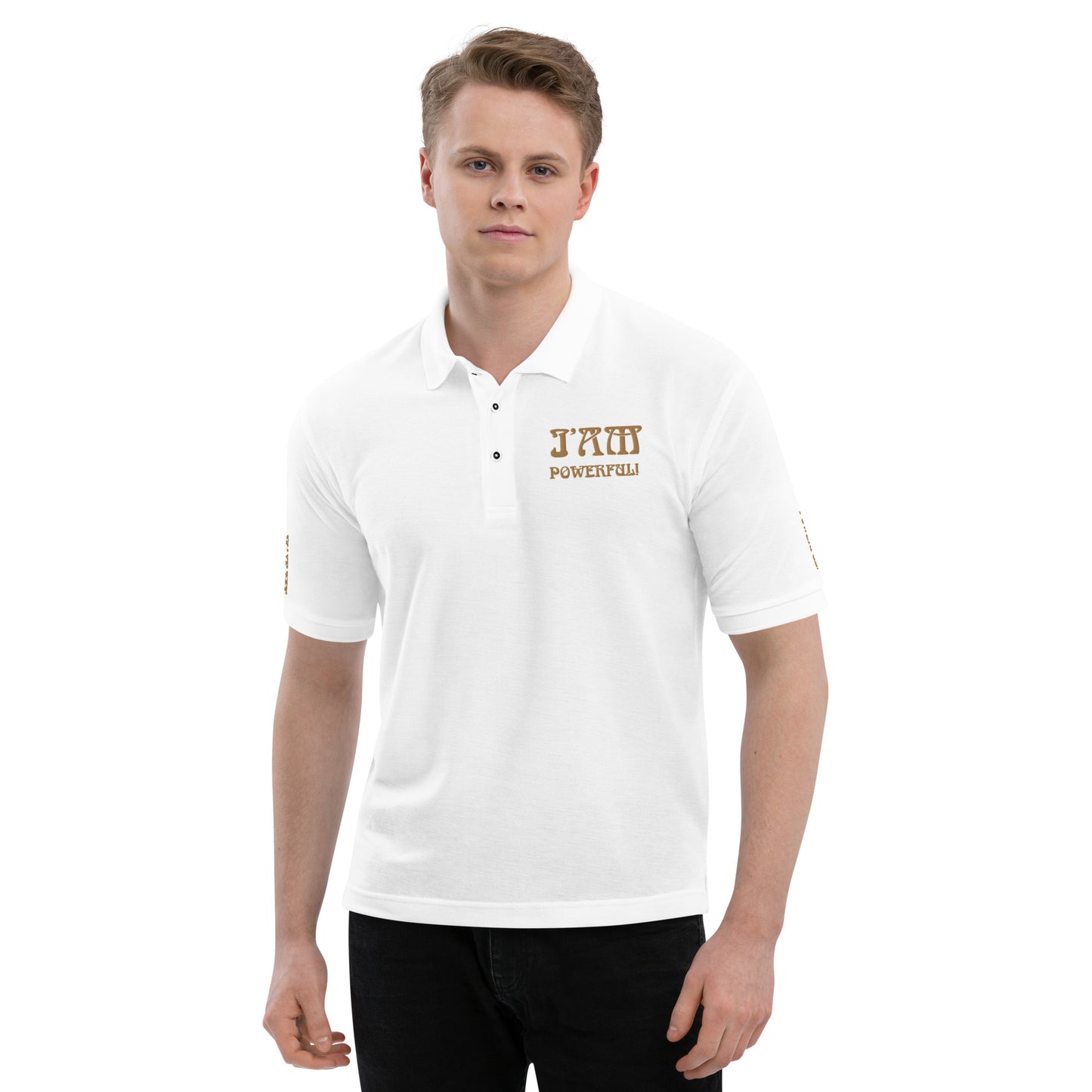 “I’AM POWERFUL!”Men's Premium Polo Shirt W/Bronze Font