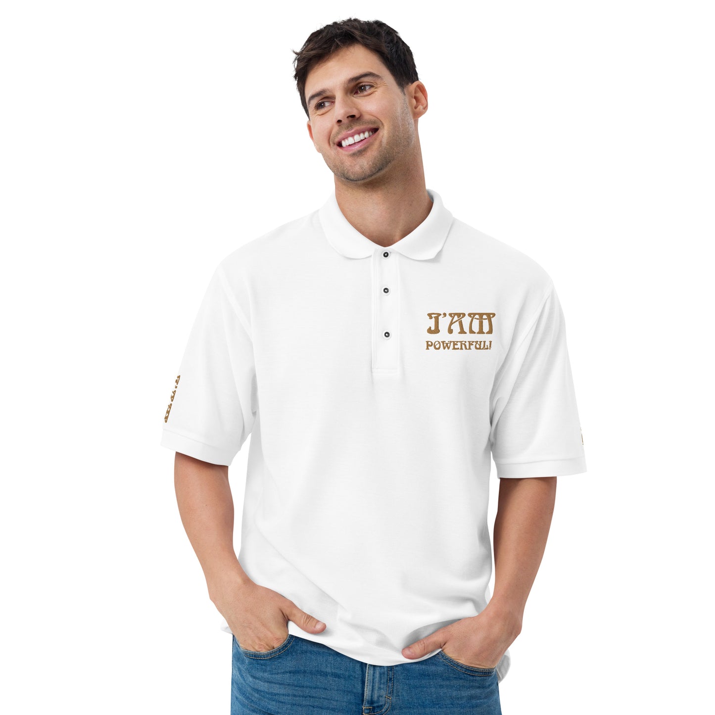 “I’AM POWERFUL!”Men's Premium Polo Shirt W/Bronze Font