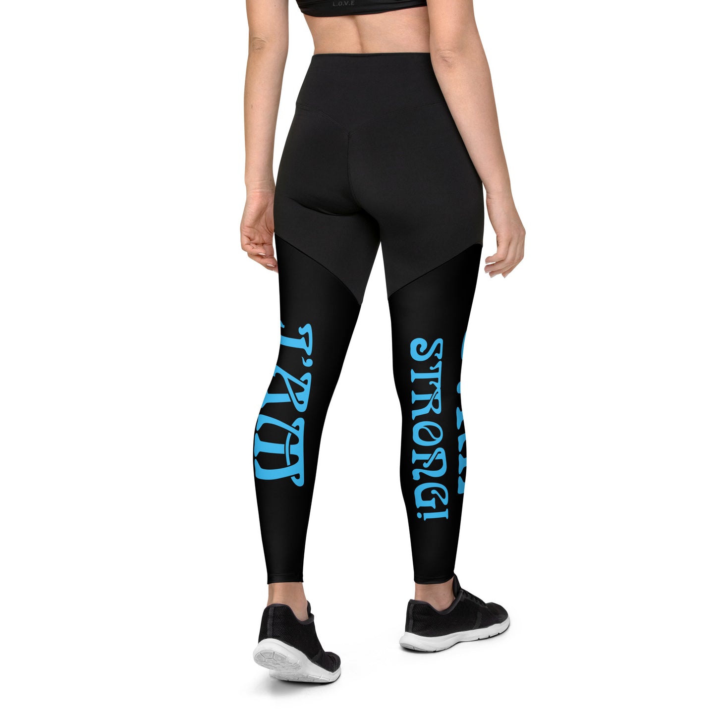 “I’AM STRONG!” Black Sports Leggings W/SkyBlue Font