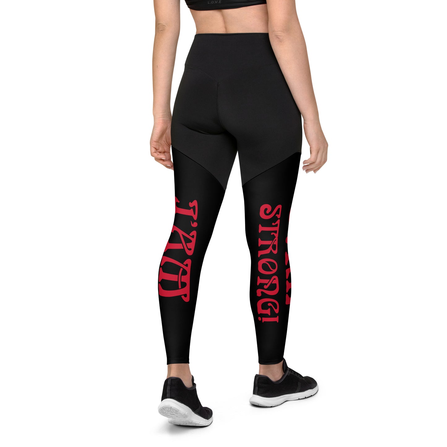 “I’AM STRONG!” Black Sports Leggings W/Red Font