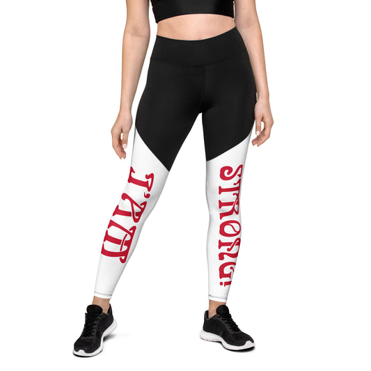“I’AM STRONG!” White Sports Leggings W/Red Font
