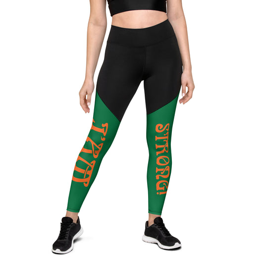 “I’AM STRONG!” Green Sports Leggings W/Orange Font