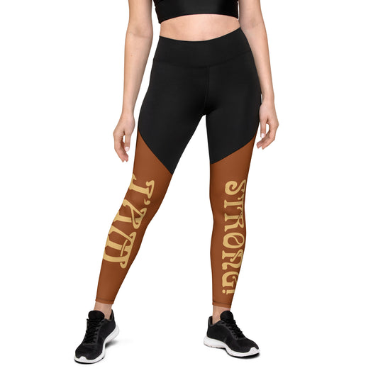 “I’AM STRONG!” Brown Sports Leggings W/Fawn Font