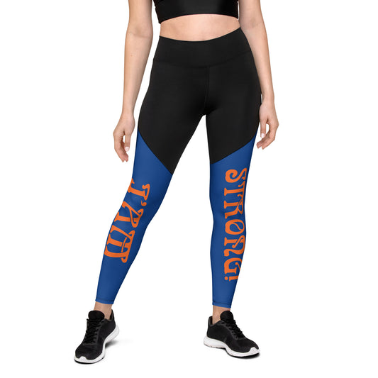 “I’AM STRONG!” Blue Sports Leggings W/Orange Font