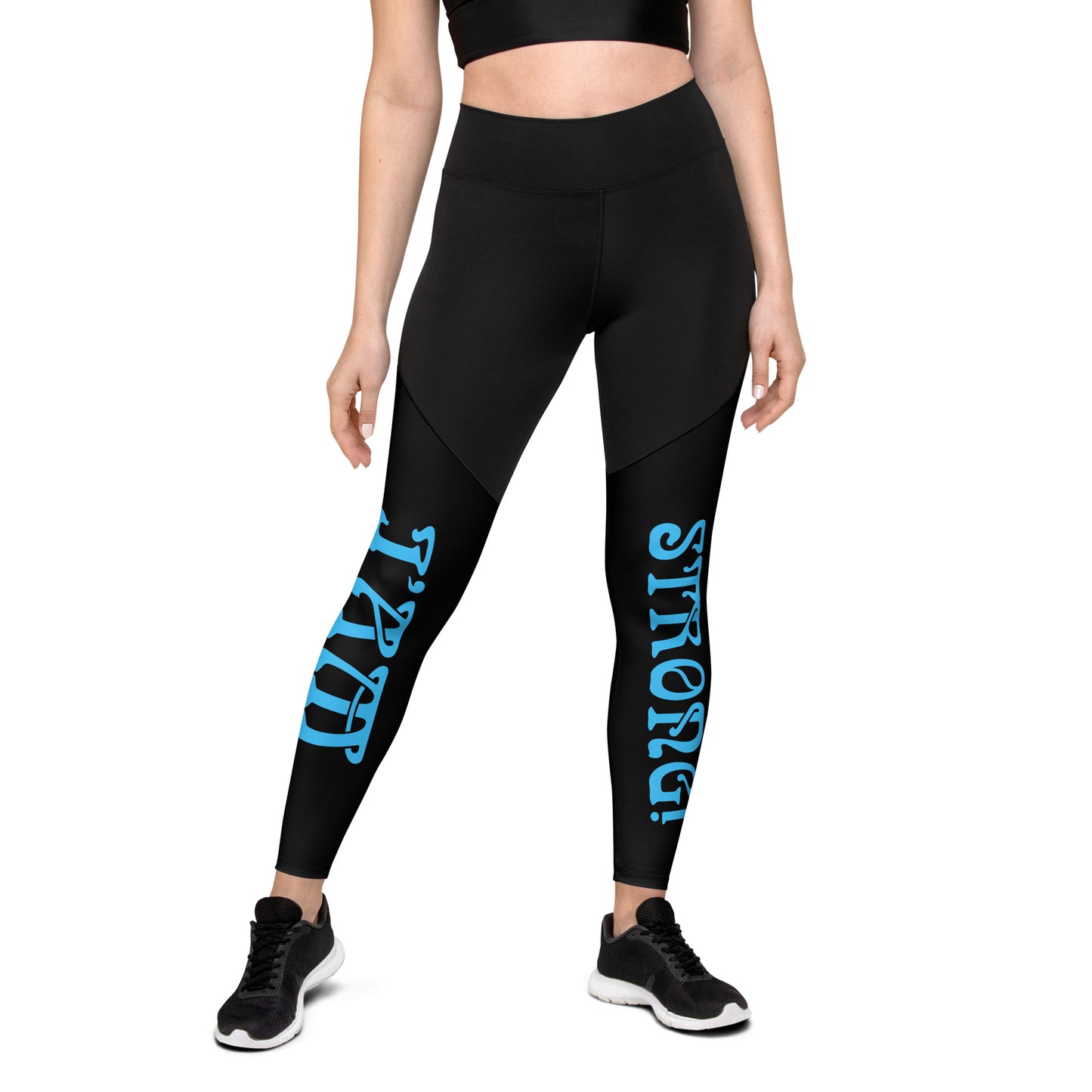 “I’AM STRONG!” Black Sports Leggings W/SkyBlue Font