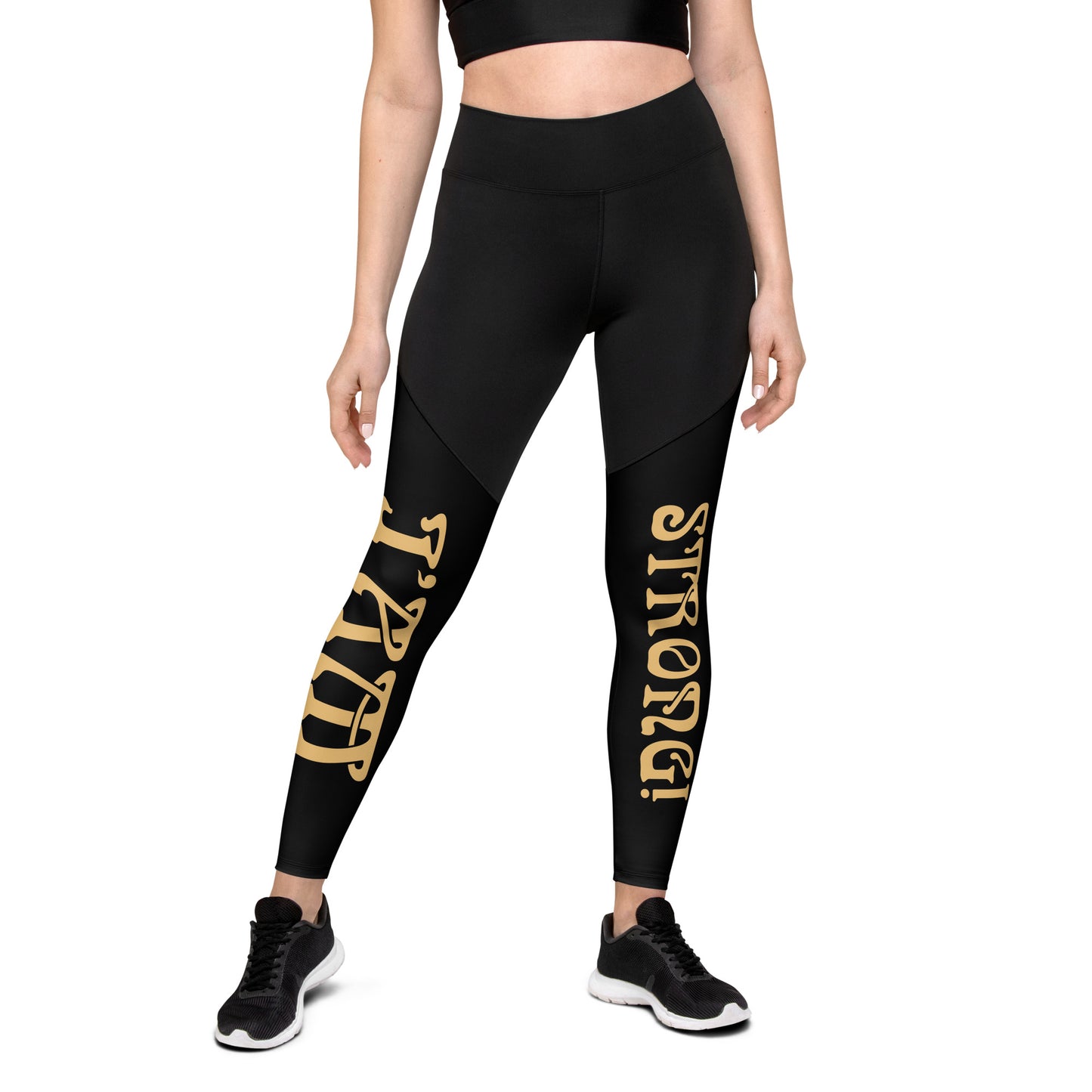 “I’AM STRONG!” Black Sports Leggings W/Fawn Font