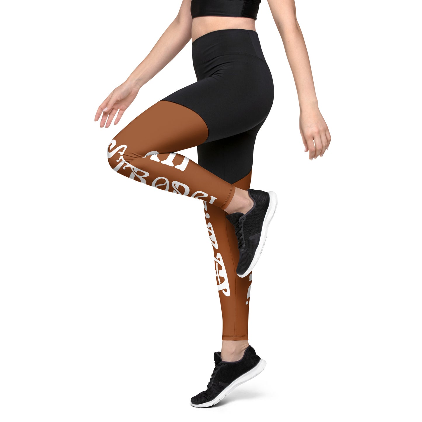 “I’AM STRONG!” Brown Sports Leggings W/White Font