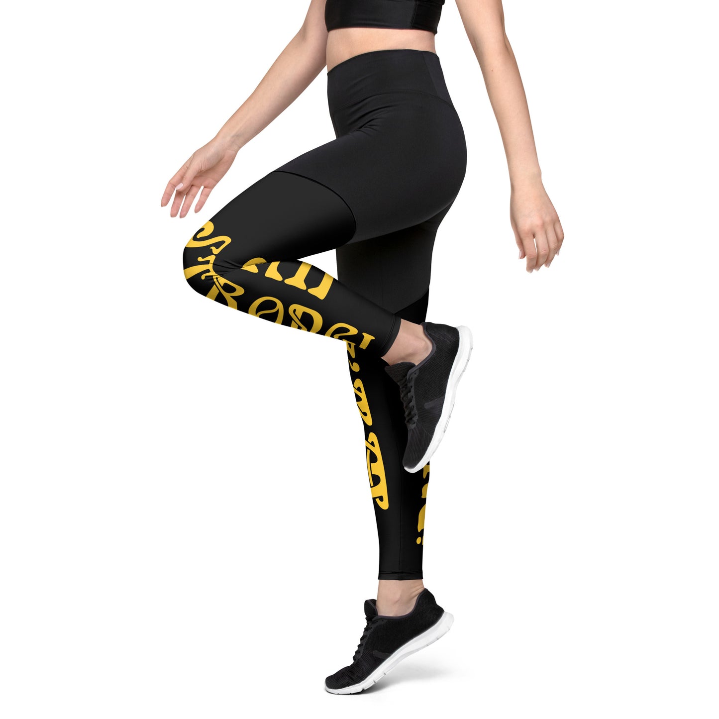 “I’AM STRONG!”Black Sports Leggings W/Yellow Font