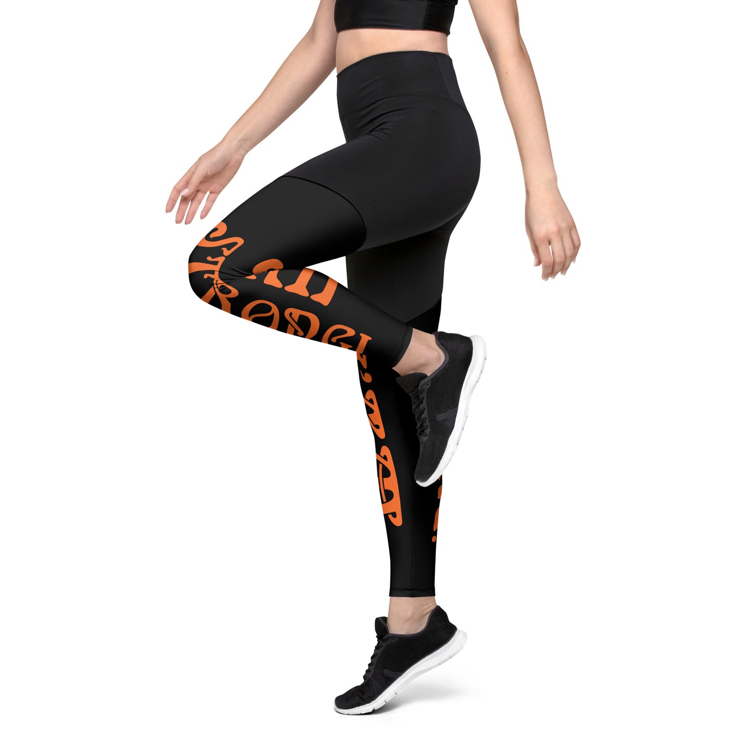 “I’AM STRONG!” Black Sports Leggings W/Orange Font