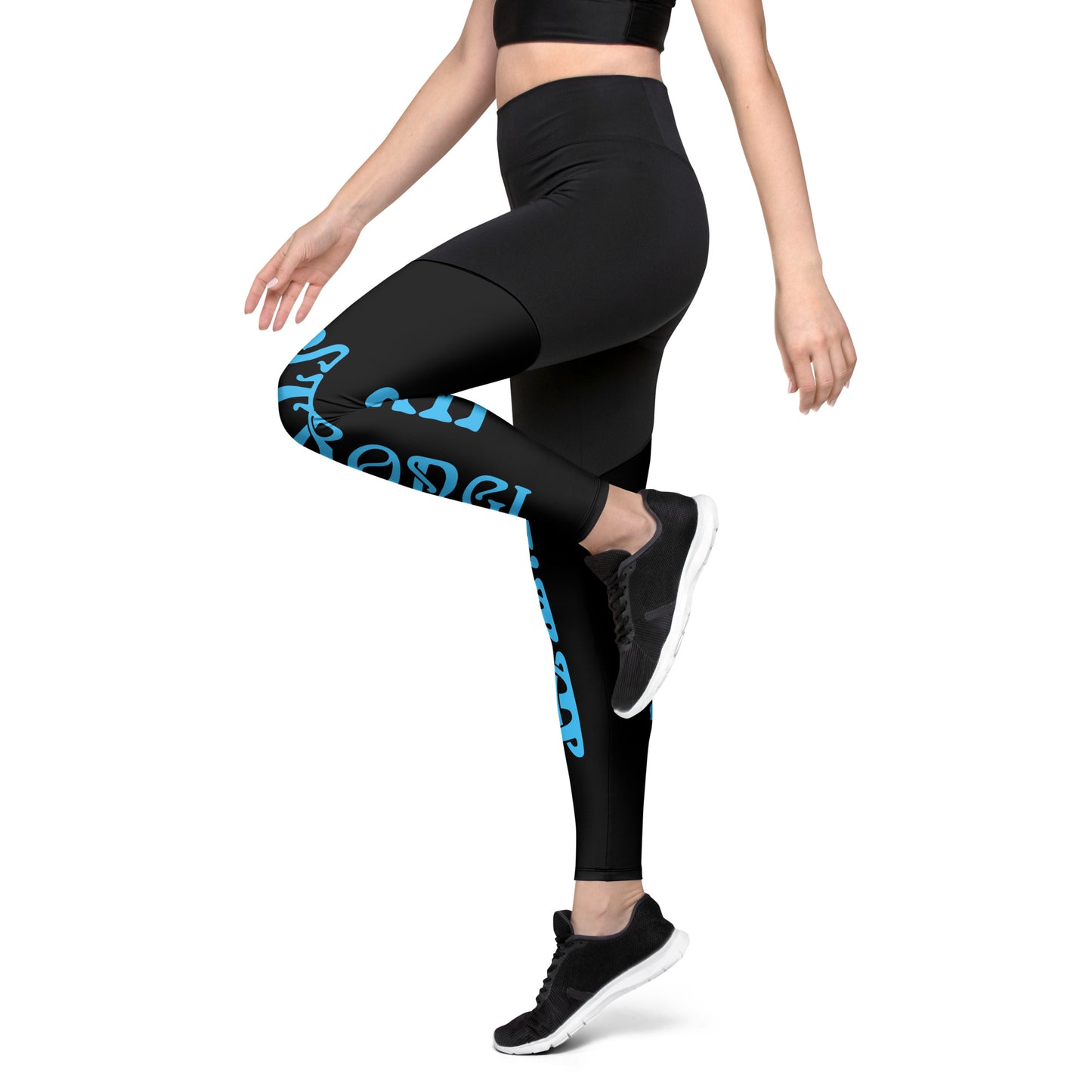 “I’AM STRONG!” Black Sports Leggings W/SkyBlue Font