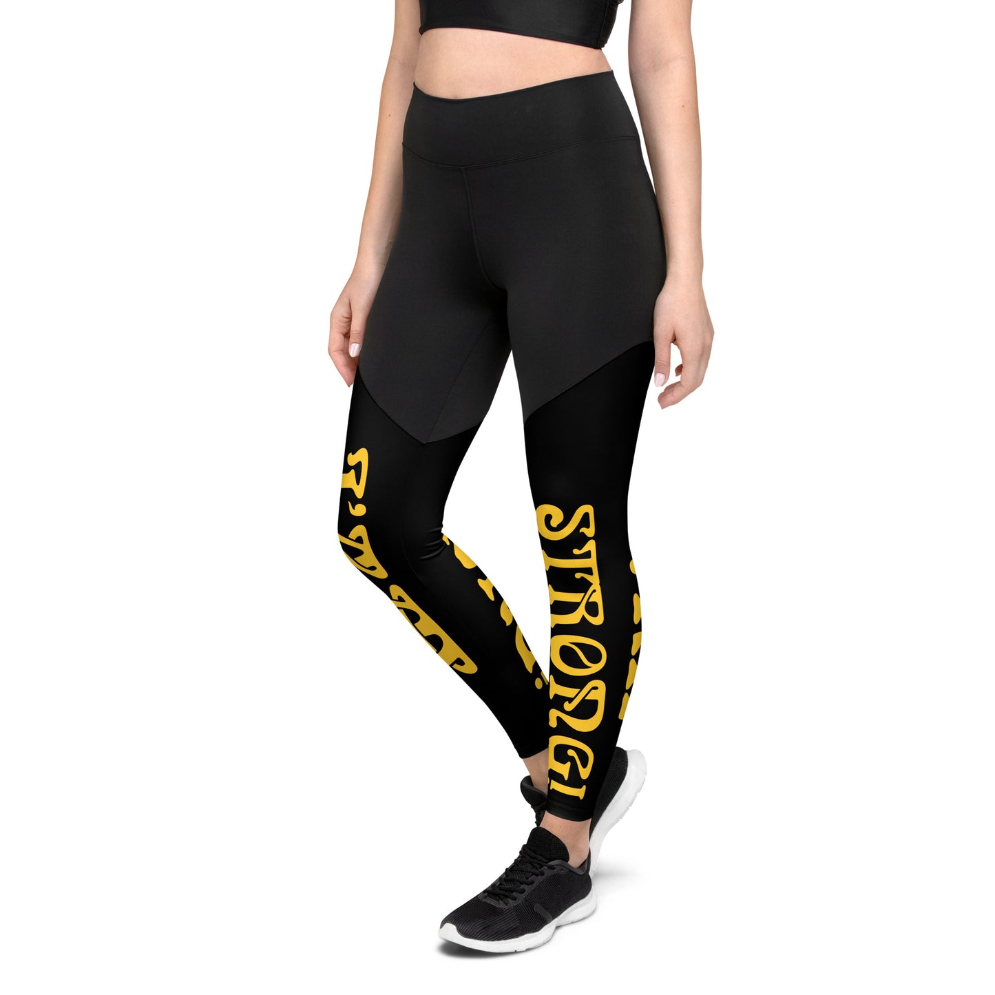 “I’AM STRONG!”Black Sports Leggings W/Yellow Font