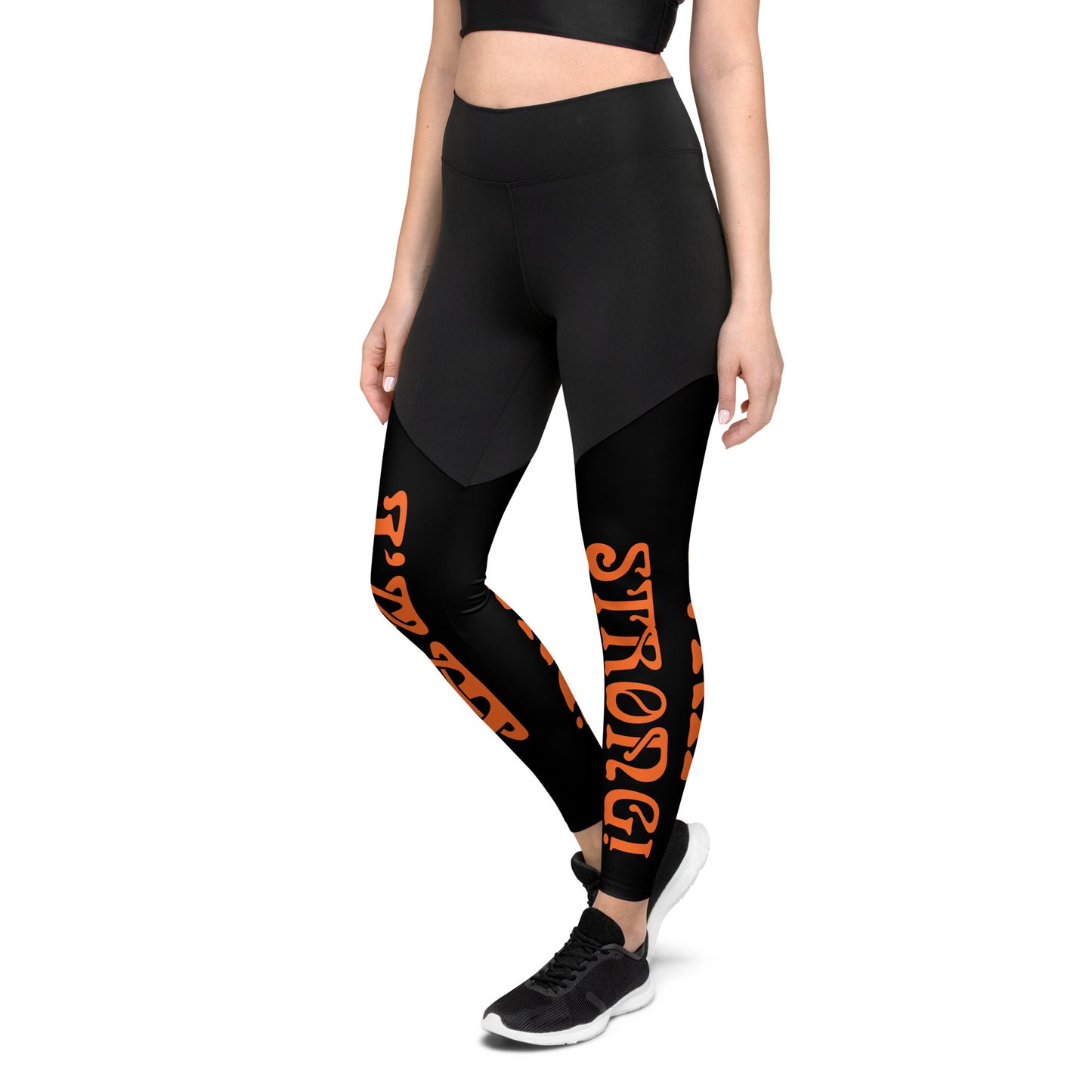 “I’AM STRONG!” Black Sports Leggings W/Orange Font