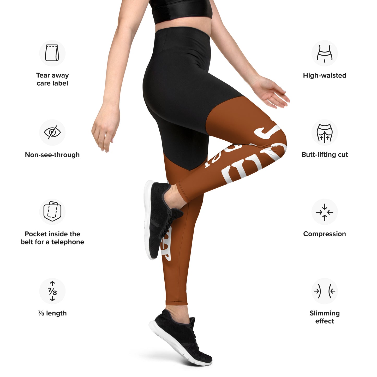 “I’AM STRONG!” Brown Sports Leggings W/White Font