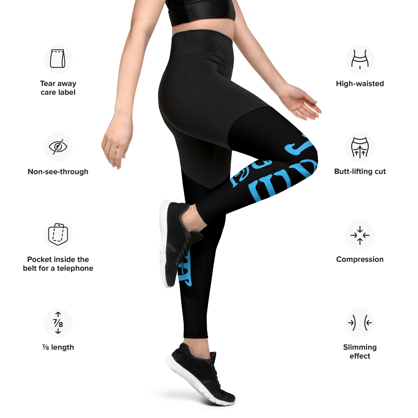 “I’AM STRONG!” Black Sports Leggings W/SkyBlue Font