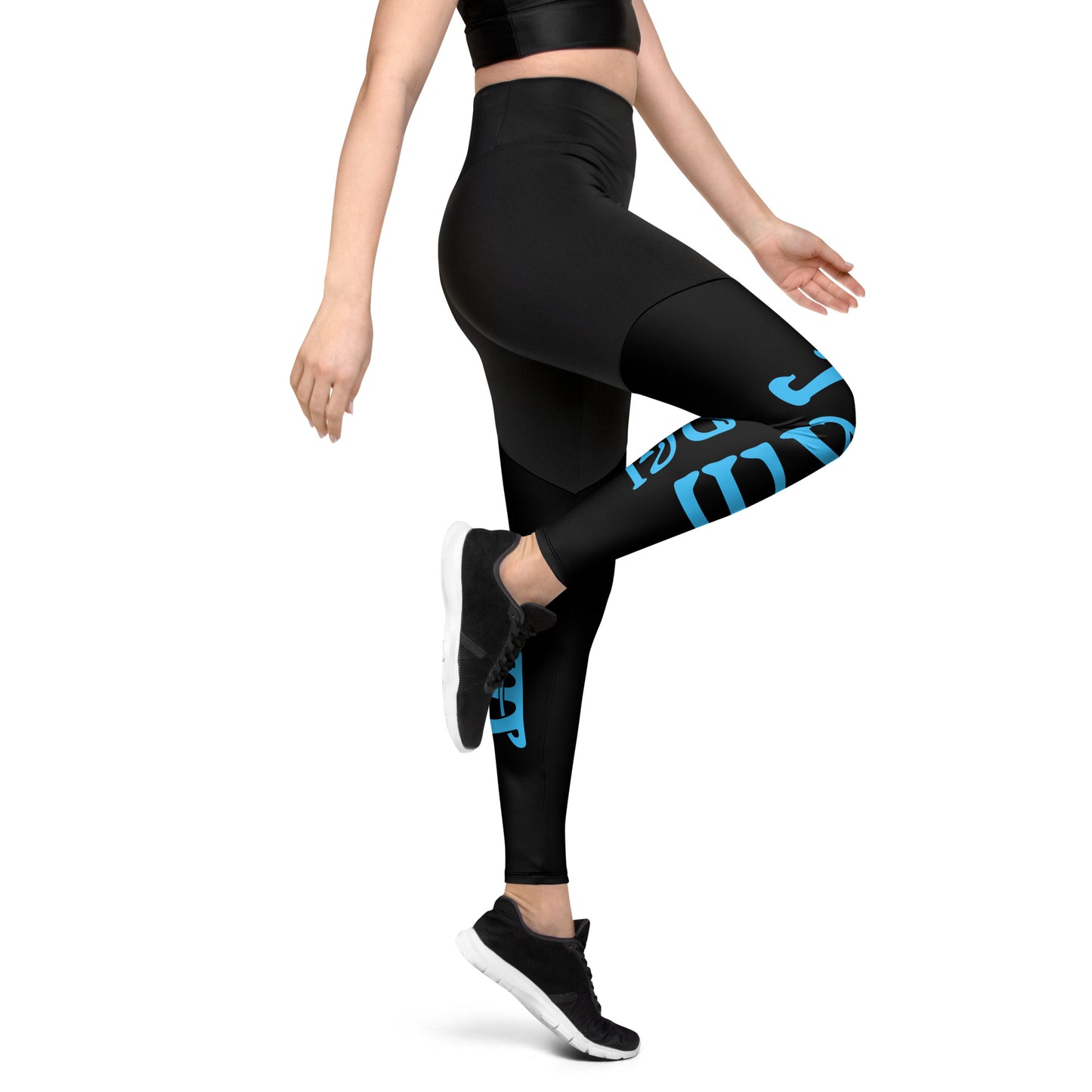 “I’AM STRONG!” Black Sports Leggings W/SkyBlue Font