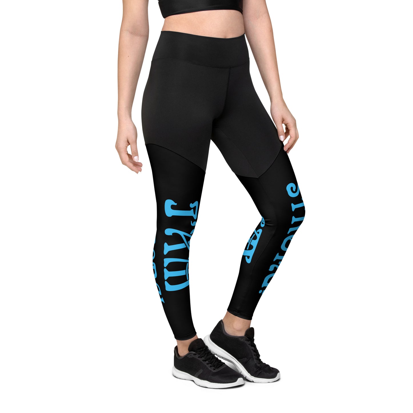 “I’AM STRONG!” Black Sports Leggings W/SkyBlue Font