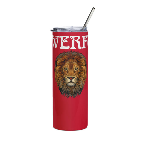 “POWERFUL!”Red Stainless Steel Tumbler W/White Font