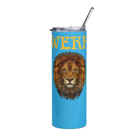 “POWERFUL!”SkyBlue Stainless Steel Tumbler W/Yellow Font