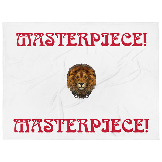 “MASTERPIECE!”White Throw Blanket W/Red Font