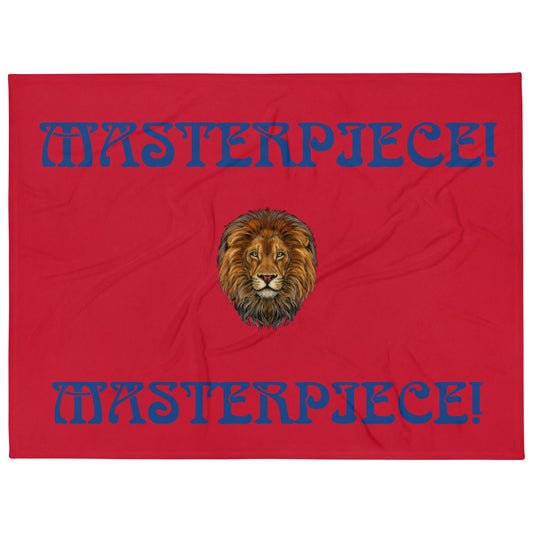 “MASTERPIECE!”Red Throw Blanket W/Blue Font