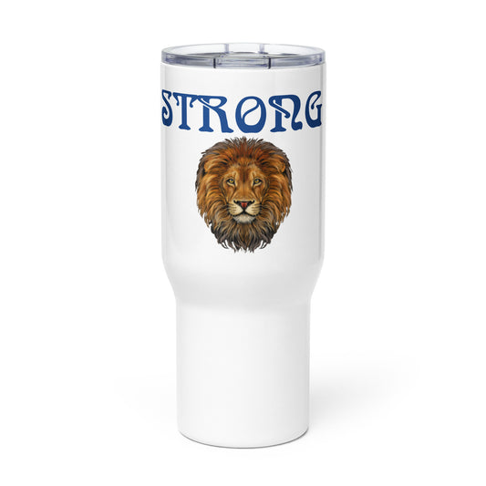 "STRONG"White Travel Mug W/Blue Font