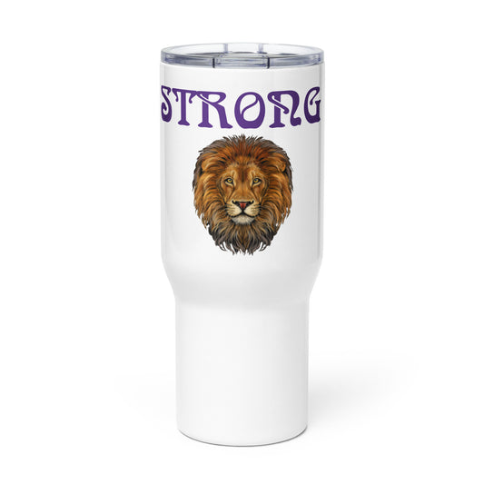 "STRONG"White Travel Mug W/Purple Font