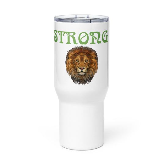 "STRONG"White Travel Mug W/Green Font