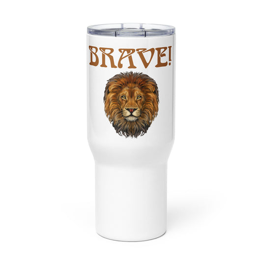 “BRAVE”White Travel Mug W/Brown Font