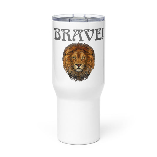 “BRAVE”White Travel Mug W/Grey Font
