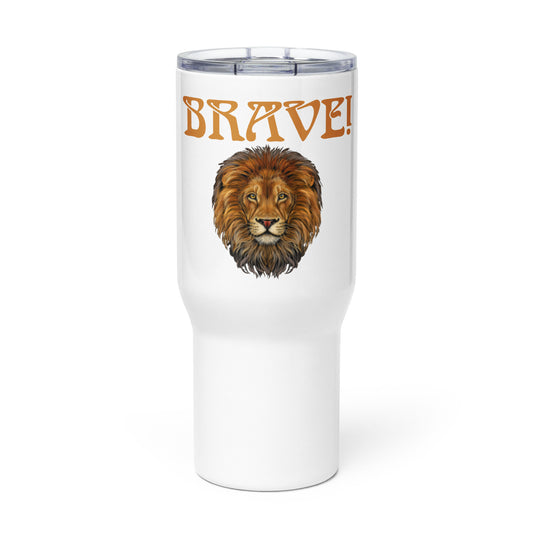 “BRAVE”White Travel Mug W/Bronze Font