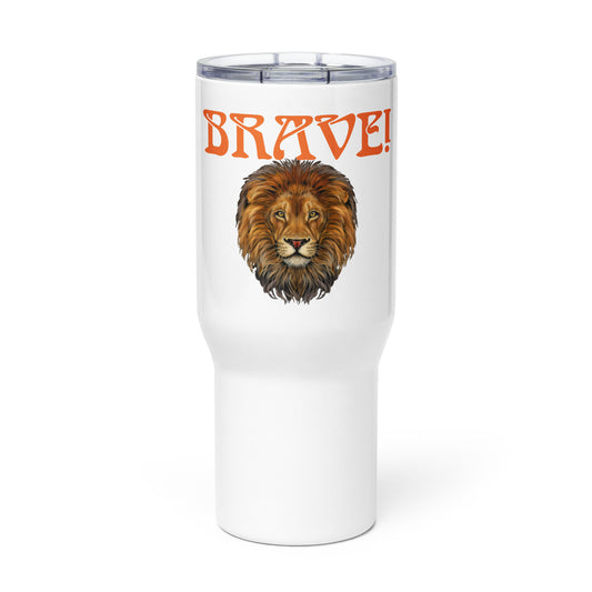 “BRAVE”White Travel Mug W/Orange Font