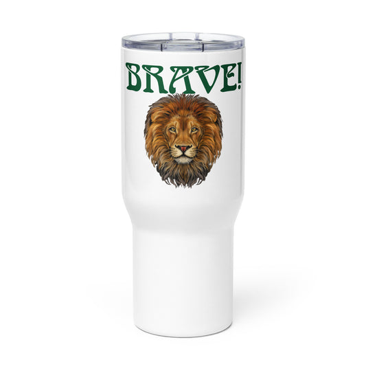 “BRAVE”White Travel Mug W/Green Font