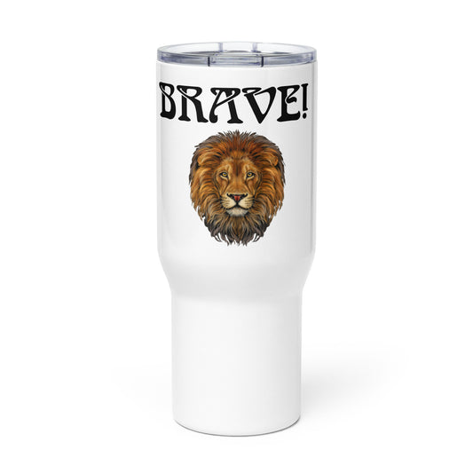 “BRAVE”White Travel Mug W/Black Font