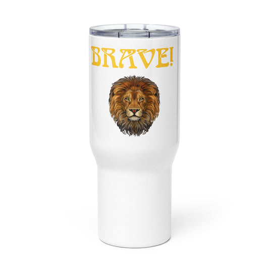 “BRAVE”White Travel Mug W/Yellow Font