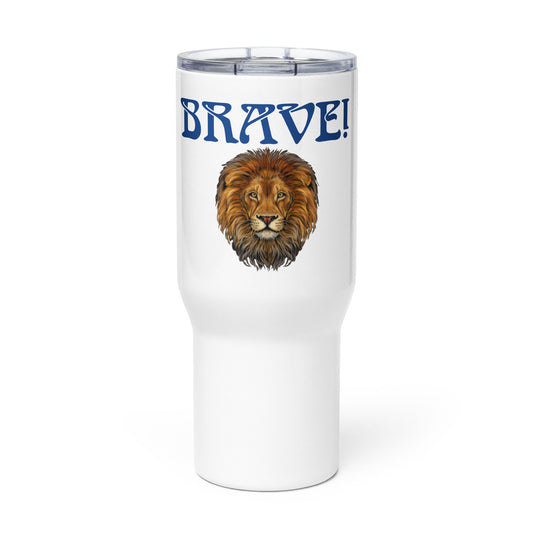 “BRAVE”White Travel Mug W/Blue Font