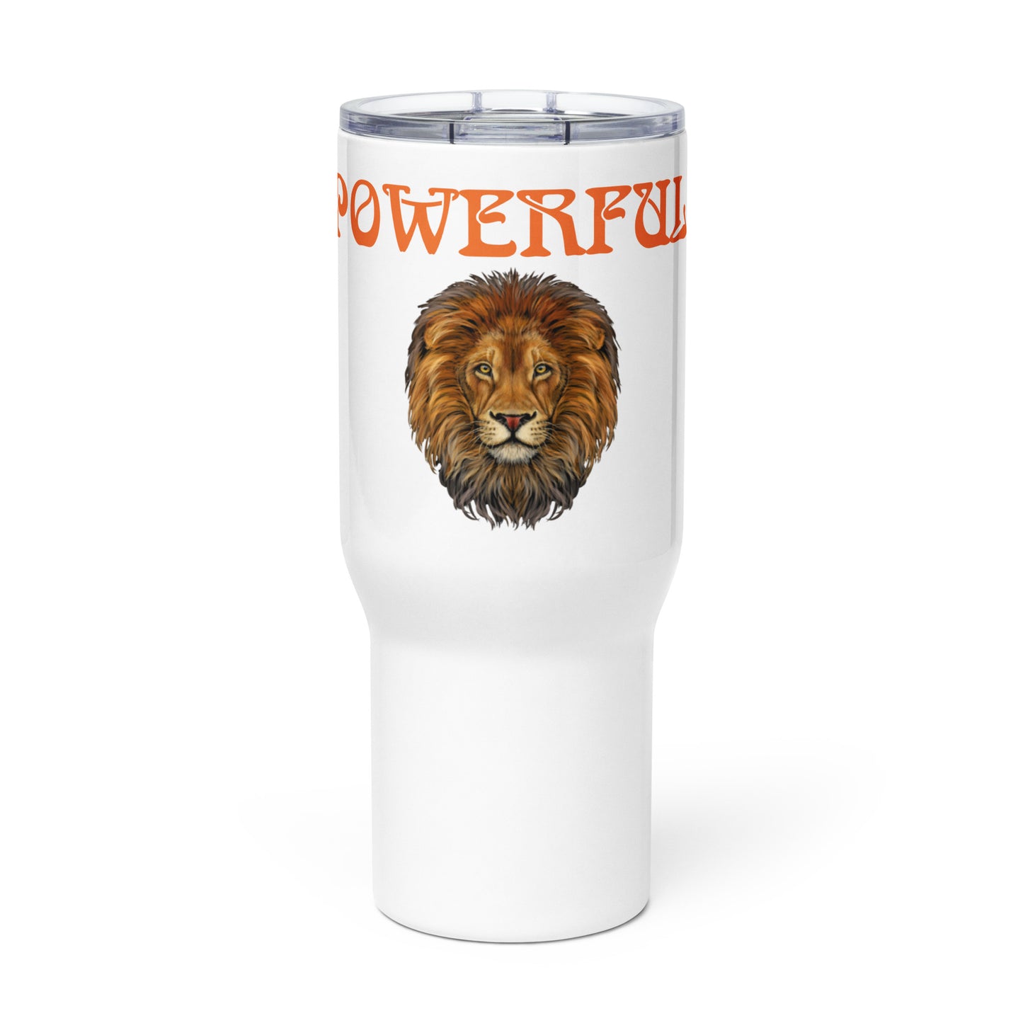 “POWERFUL”White Travel Mug W/Orange Font