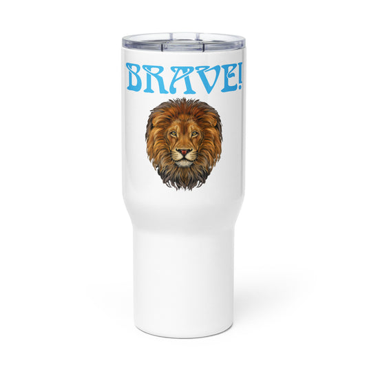 “BRAVE”White Travel Mug W/SkyBlue Font