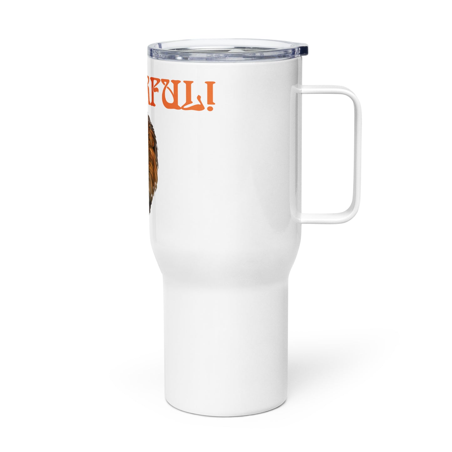 “POWERFUL”White Travel Mug W/Orange Font