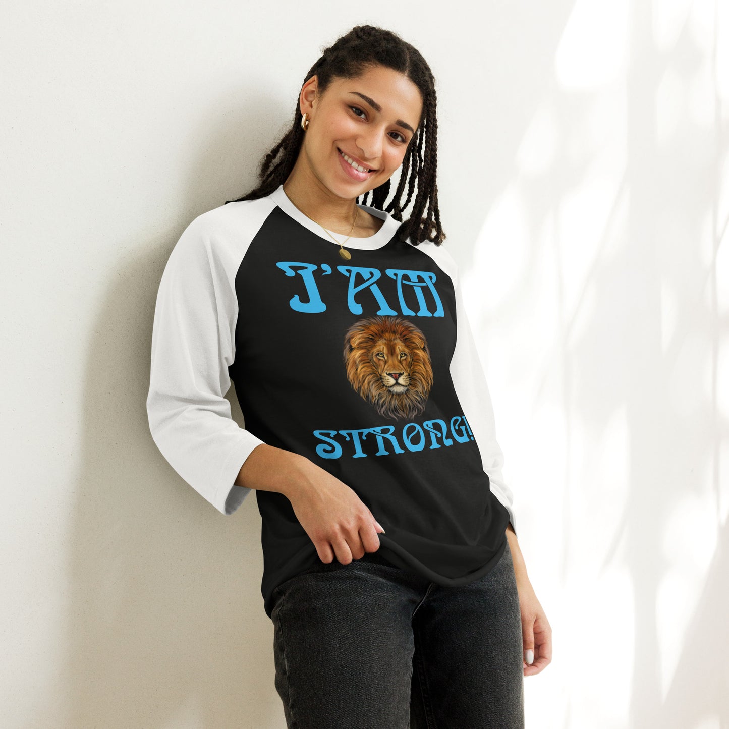 “I’AM STRONG!”3/4 Sleeve Raglan Shirt W/SkyBlue Font