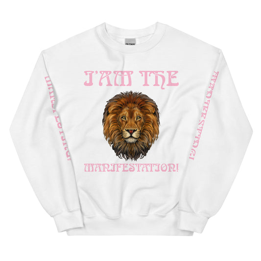 “I’AM THE MANIFESTATION!”White Unisex Sweatshirt W/Cotton Candy Font