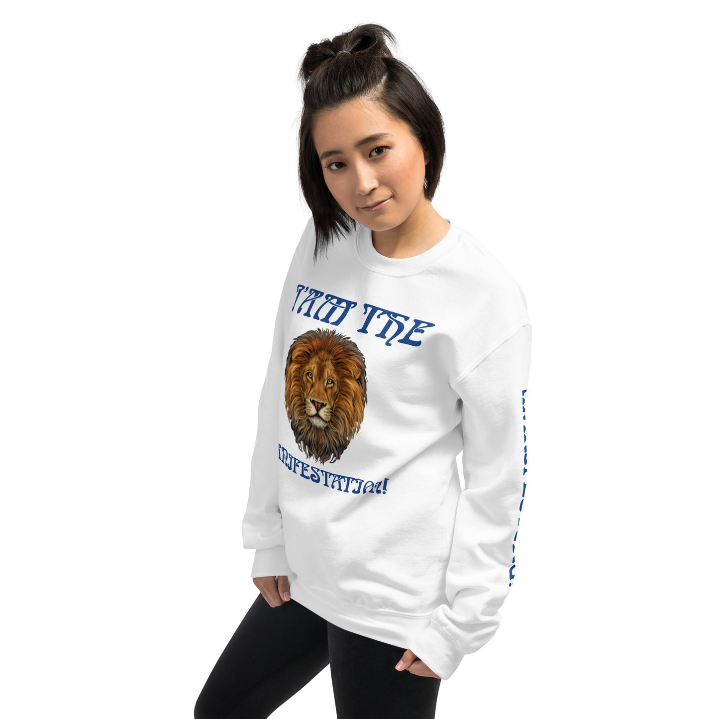 “I’AM THE MANIFESTATION!”White Unisex Sweatshirt W/Blue Font