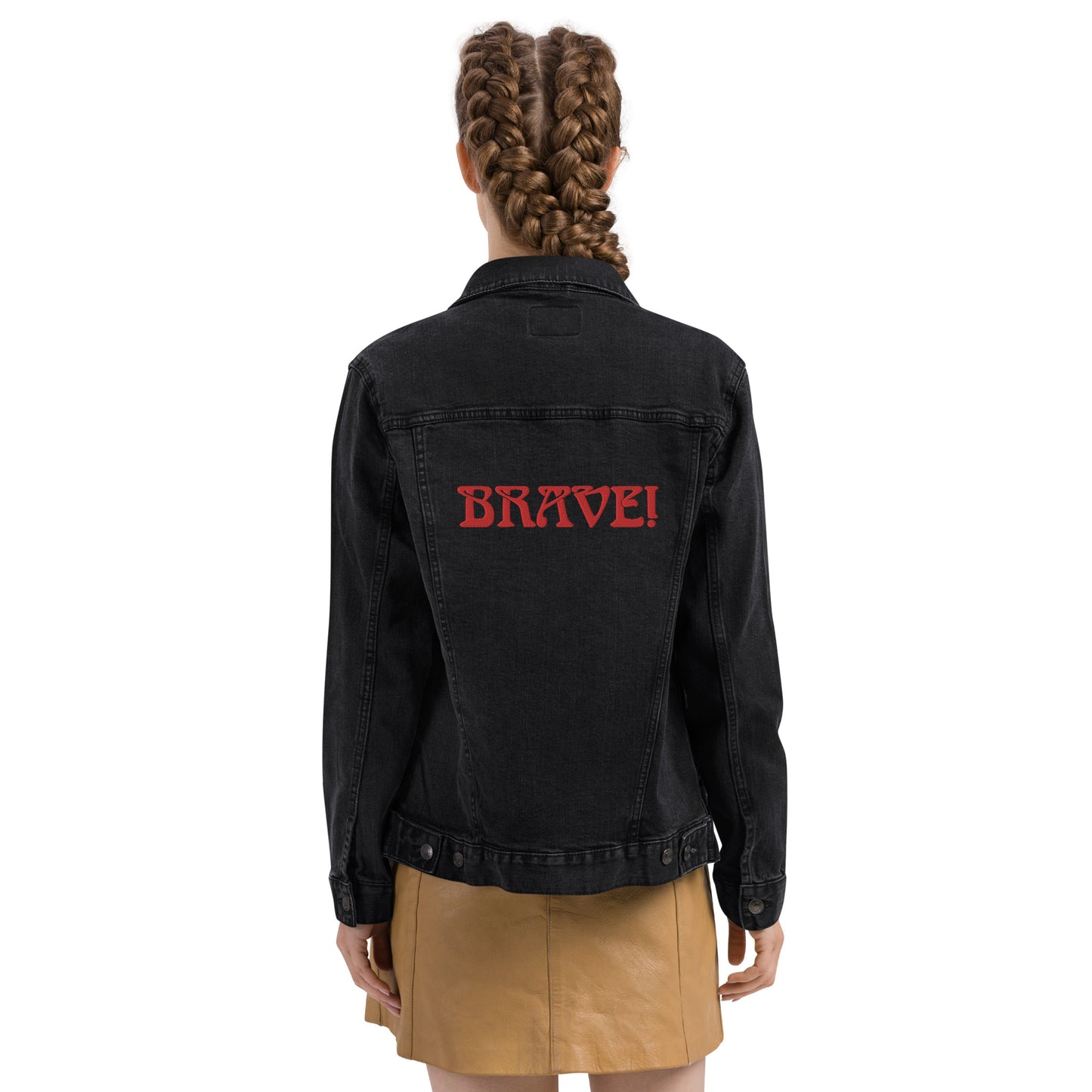 “BRAVE!”Unisex Denim Jacket W/Red Font