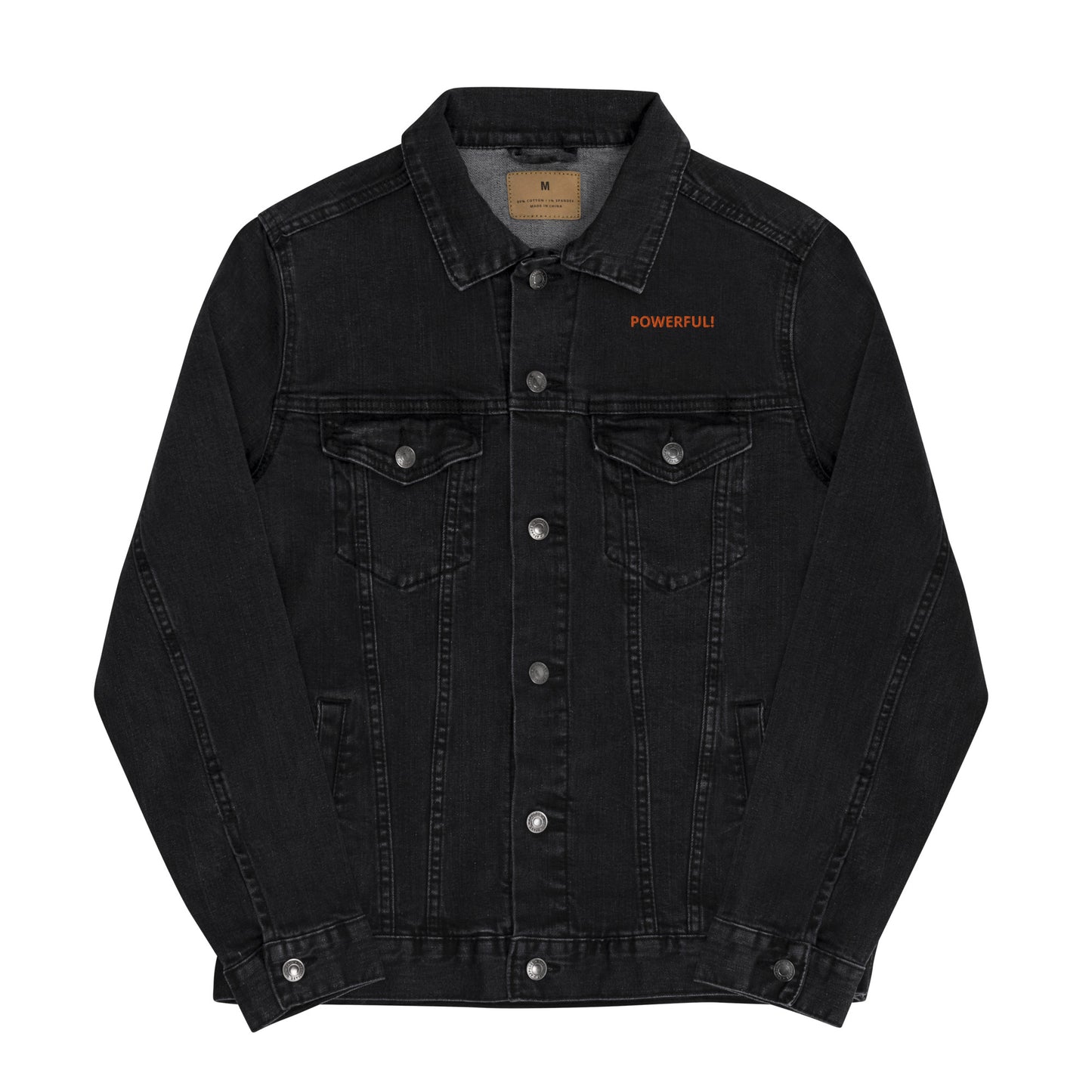 “POWERFUL!”Unisex Denim Jacket W/Orange Font