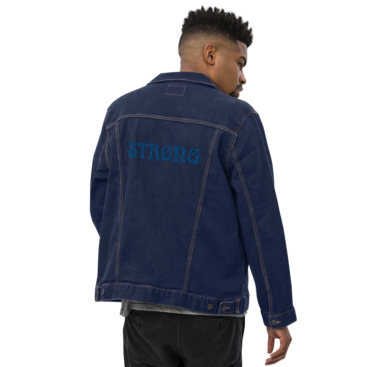 “STRONG”Unisex Denim Jacket W/Navy Blue Font