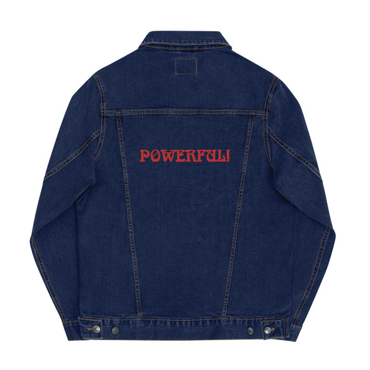 “POWERFUL!"Unisex Denim Jacket W/Red Font